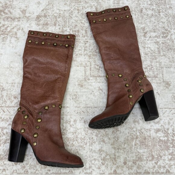 Bronx Boots Womens Size 8 EU 38 Brown Leather Studded Knee High Block Heel Zip - Picture 1 of 16